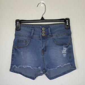 Light blue high-waisted jean shorts